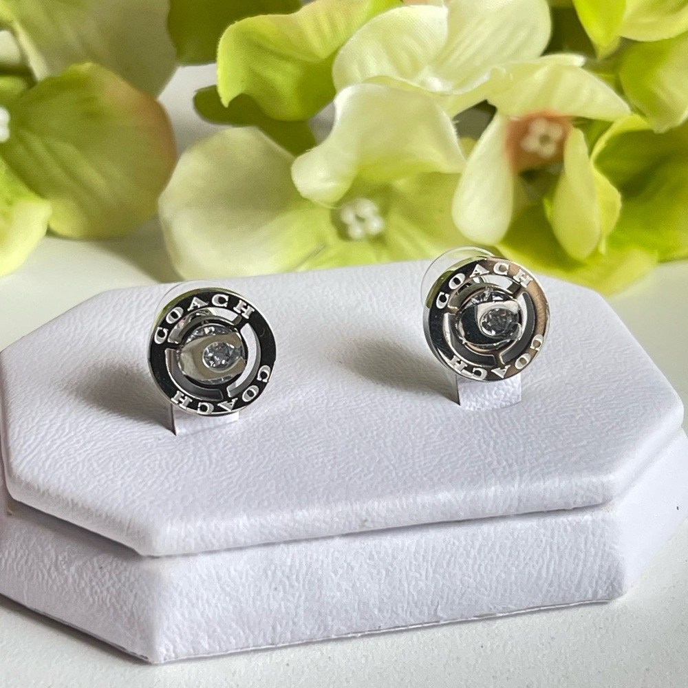 Coach Silver Logo Crystal Stud Earrings